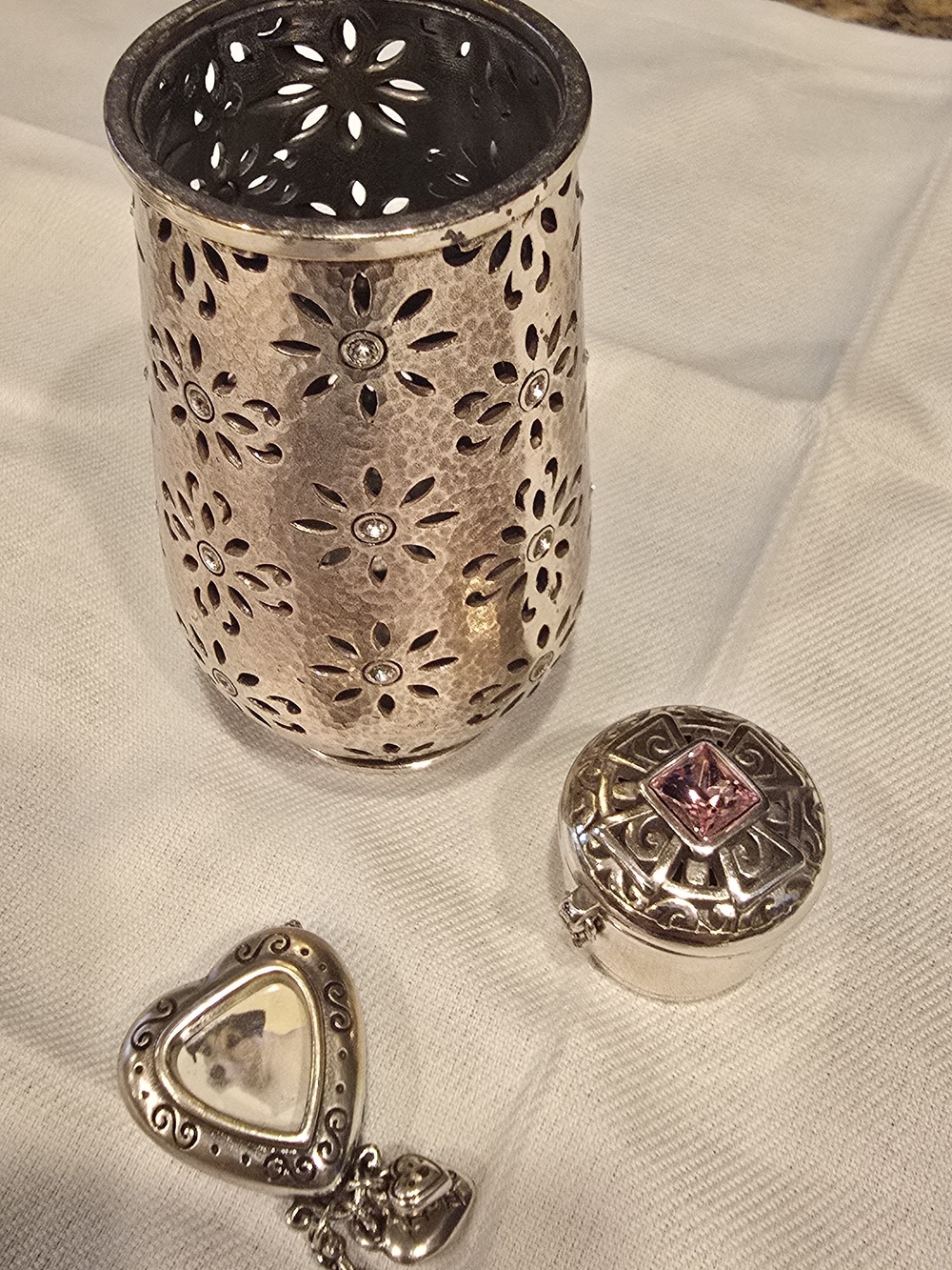 Brighton Silver Floral Cutout Votive with Pink Gem Trinket Box